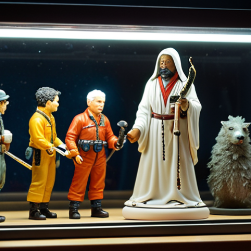 **

A display shelf filled with various collectible figures (PVC, resin, and metal), some illuminated with soft LED lighting. Focus on a figure being gently cleaned with a soft brush, highlighting the delicate painted details. A hygrometer is visible in the background, indicating humidity levels.

**