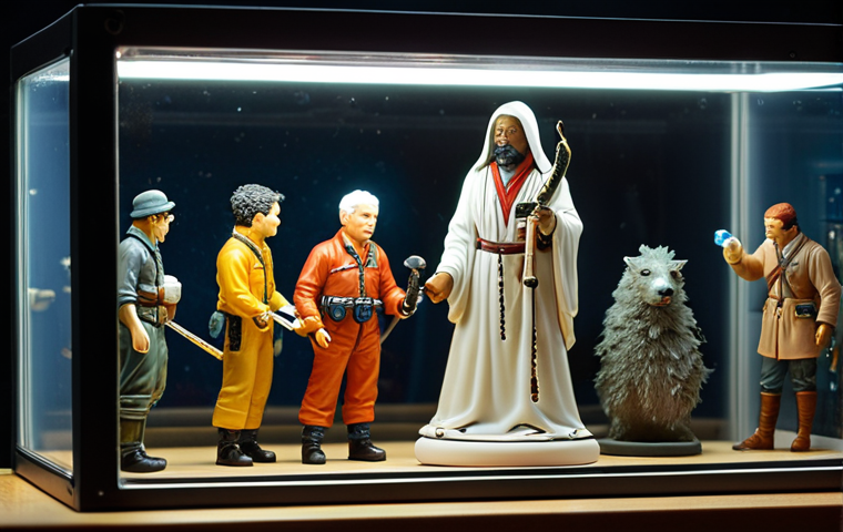 **
A display shelf filled with various collectible figures (PVC, resin, and metal), some illuminated with soft LED lighting. Focus on a figure being gently cleaned with a soft brush, highlighting the delicate painted details. A hygrometer is visible in the background, indicating humidity levels.
**